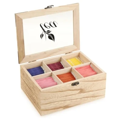 Image de com four® boîte de Rangement pour sachets thé Rustique à avec 6 Compartiments, fenêtre visualisation et Fermeture Style campagnard (Rustique Tea tiroirs)