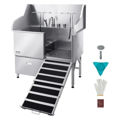 Image de VEVOR Baignoire de Chien Acier Inoxydable, Toilettage pour Animaux Compagnie 127,5 cm Station Lavage Chat, avec Rampe, Panneau Filtre à Eau, Robinet, Pommeau Douche, Porte Droite