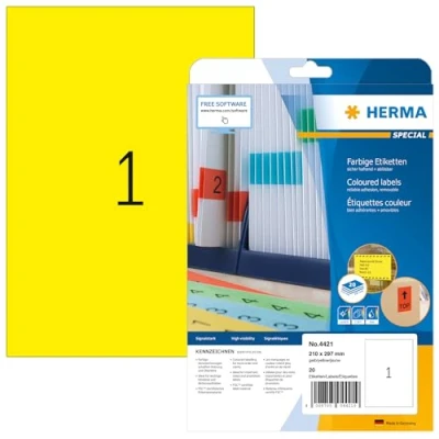 Image de Herma 4421 Étiquettes 210 x 297 A4 20 pièces Jaune