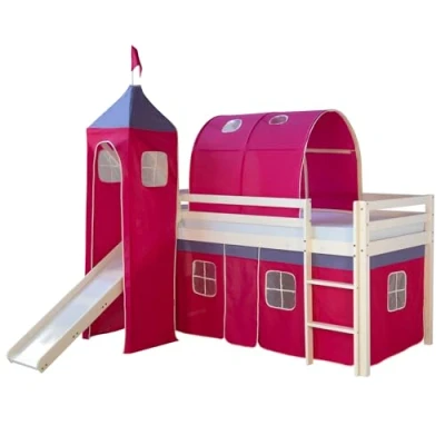Image de Lit mezzanine enfant blanc 90x200 avec échelle, rideau, tunnel, tour et toboggan fuchsia HOMESTYLE4U