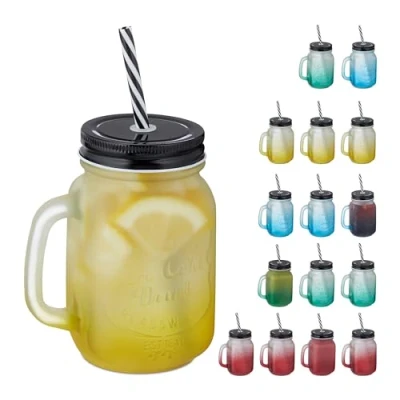 Image de Relaxdays Jarre avec Paille et Couvercle, Lot de 16, 400 ML, Design givré, Verre Anse, gobelet, Multicolore Noir