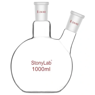 Image de stonylab Fiole à Fond Plat FBF, Paroi Épaisse 2 Cou de Laboratoire d’Ébullition en Verre Borosilicaté avec Articulation Standard 24/40, 1000 ml (1 L)