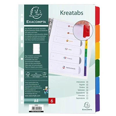 Image de Exacompta Réf. 3206E Intercalaires en carte blanche 160g/m2 FSC® Kreatabs avec 6 onglets personnalisables couleur planche d&#039;étiquettes autocollantes imprimables Format à classer A4