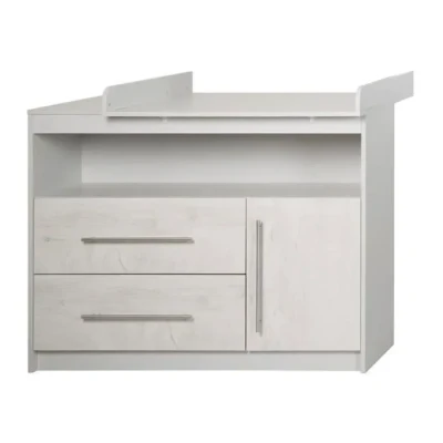 Image de roba Commode à Langer &quot;Maren 2&quot; avec Plan Amovible 2 Tiroirs 1 Porte et Compartiment Fermeture Douce Gris Clair/Chêne Blanchi