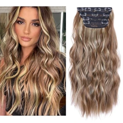Image de Lot de 4 extensions cheveux synthétiques à clipser 50,8 cm Brun clair mélangé blond