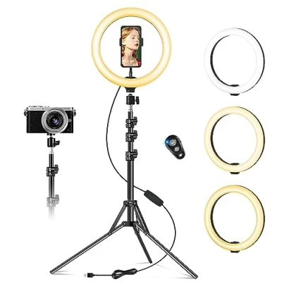 Image de 10&quot; Ring Light avec Trépied Grand, Anneau Lumineux Selfie pour Youtube/Live Stream/Maquillage, LED Vidéo/Photo, Réglable Lumière 3 Modes d&#039;Eclairage et 10 Niveaux