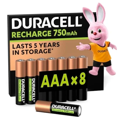 Image de Duracell Rechargeables Piles AAA (lot de 8 piles), 750 mAh NiMH, 1000 recharges, pré chargées, Puissance longue durée, un packaging recyclable 0% plastique