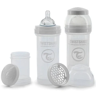 Image de Twistshake 2x Biberons Anti Coliques Avec Récipient Pour Lait En Poudre Et Mélangeur 260ml Tétine Silicone À Débit Moyen Biberon Sans BPA 2+ Mois Blanc