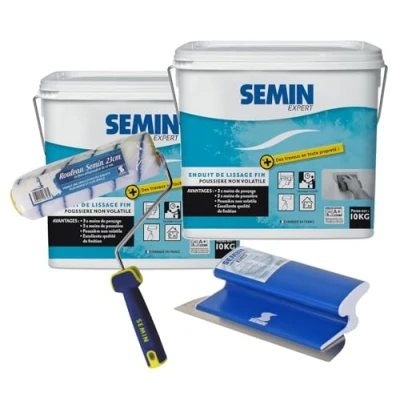 Image de Semin Enduit de Lissage pour Finition des Murs Intérieur Seau 10 kg (Lot 2), un Rouleau, 23 cm et une Lame Enduire Lisser, 25