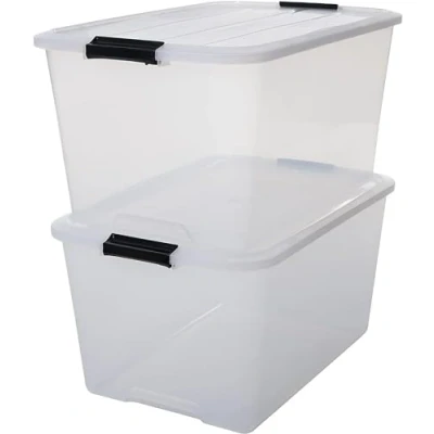 Image de Iris Ohyama, Boite Rangement Plastique avec Couvercle, 45L, Lot de 2, Transparent, Clips Fermeture, Poignée, Empilable, Portable, Solide &amp; Durable, pour Dressing, Garage, Chambre, Bureau, TB 45