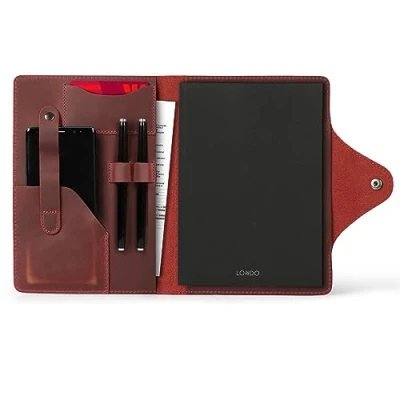 Image de Londo Porte Documents en Cuir Véritable avec Bloc Notes et Fermeture à Pression (Rouge, Grand)