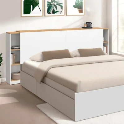 Image de Tête de lit sur pied extensible avec chevets coulissants CATBA pour 140 et 160 cm blanc façon bois