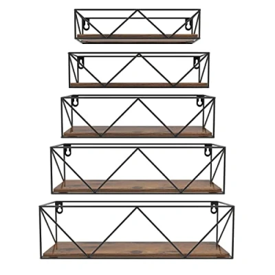Image de HORLIMER Lot de 5 Etagères Murales Flottantes, Étagères en Bois Marron et Fer Noir Haute Qualité avec Design Flexible pour Salon, Chambre, Salle Bain, Bureau