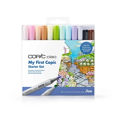 Image de Copic Ciao Set « My First », de démarrage avec 10 marqueurs Twin, 2 Multiliners Black et Sepia 0,3 mm, 3 modèles coloriage 8 feuilles papier Premium DIN A6, guide inclus