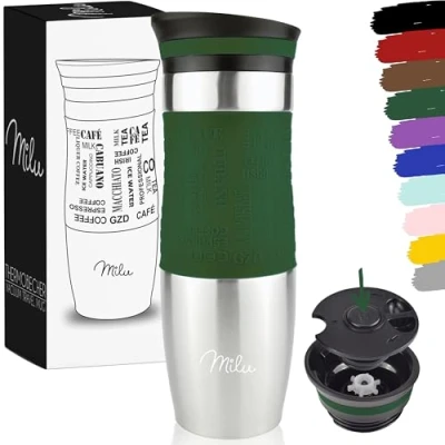 Image de Milu Mug Isotherme Etanche 370ml 450ml Thermos café thé I Tasse Isolée pour et à emporter, Double Paroi sous Vide, Acier Inoxydable de voyage Chaud &amp; froid (Olive, 450ml)