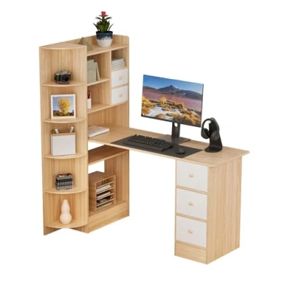 Image de joukares bureau d&#039;ordinateur avec bibliothèque, d&#039;angle étagères de rangement, table d&#039;étude en forme L tiroirs, à domicile, pour chambre