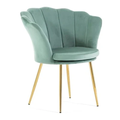 Image de Fauteuil SHELLY en velours avec un design à pétales, unique et élégant, pieds métal por une touche de luxe.(Vert menthe/Or)
