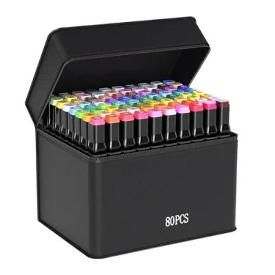 Image de Set de Feutres Doubles Pointe: Feutre Coloriage 80 Couleurs, Aquarelle, Double Pointe Pour une utilisation dans la conception, le rendu, les projets bricolage, sac noir inclus.