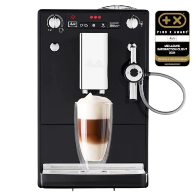 Image de Melitta Solo &amp; Perfect Milk Noire, Machine à Café Grains avec Broyeur et Système d&#039;Extraction des Arômes, Mode 1 2 Tasses, Auto Cappuccinatore, Affichage LED, E957 201, 1400W