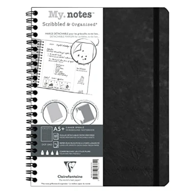 Image de Clairefontaine 782331C Collection Age Bag Un Carnet à Spirale Marges Détachables MyNotes Noir A5+ 16x21 cm 120 Pages DOT Papier Blanc 90 g Couverture Carte Lustrée Grain Cuir