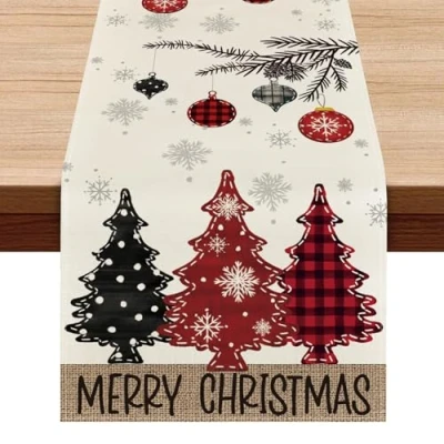 Image de Chemin de Table Noel, Runner Noel en Lin Noël Lavable avec Motif Arbre pour Decoration 183 x 33cm (Rouge D)