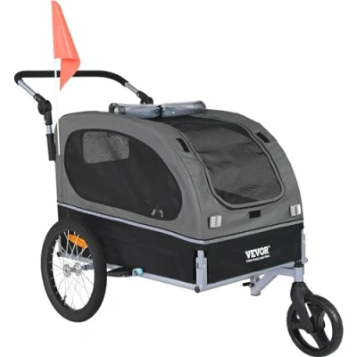 Image de VEVOR Remorque de Vélo Chien Pliable Charge 40 kg Poussette d&#039;Animaux Compagnie 2en1 Cadre Facile à Plier avec Roues Dégagement Rapide, Coupleur Universel, Réflecteurs, Drapeau, Noir/Gris