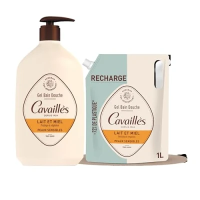 Image de Gel bain douche Lait et Miel Protège &amp; Régénère la peau Nettoie en douceur Peaux sensibles Sans savon Pack : 1L + éco recharge