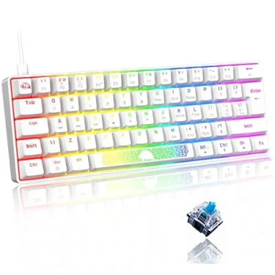 Image de LEAVEN T60 60% Compact Mini Clavier de Gaming mécanique Illumination RVB Rétroéclairé LED Keyboard USB Type c Filaire QWERTY UK PBT Keycap Anti Ghosting Ergonomique pour PC Mac Blanc Blue Switch