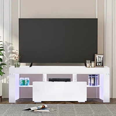 Image de LEADZM Meuble TV LED, Banc Laqué 130x35x45 cm, avec Rangement Télé en Verre, Convient pour Salon ou Chambre (Blanc)