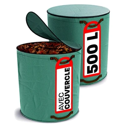 Image de 2x Sac Dechets Verts 500L avec Couvercle Jardinage 4 Poignées Résistantes XXL Stable Pliable Réutilisable Polypropylène Robuste