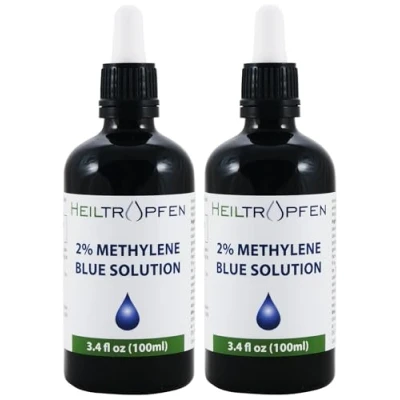 Image de 2x Haute concentration 2% Solution de bleu méthylène 100 ml Ultra Pureté USP Testé par un tiers Sans formaldéhyde Bouteille en verre Ensemble deux Heiltropfen®