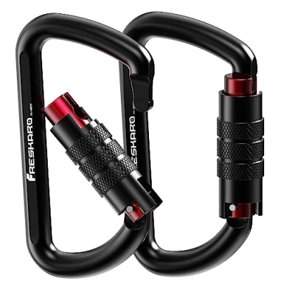 Image de FresKaro Mousqueton Porte Clé, Verrouillage Automatique, Aluminium, 12kN 1224kg, Securite Twist Lock, Solide, pour Laisse Chien, Sac de Frappe, Pompier, Hamac, balancoire, Gros 8cm, Noir