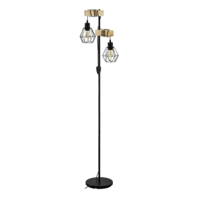 Image de Eglo Lampadaire Townshend 5, lampe de sol pour salon avec 2 abat jour au design industriel, luminaire sur pied en acier noir et bois naturel, E27, certifié FSC, interrupteur