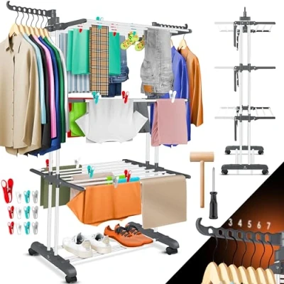 Image de KESSER® Séchoir à linge avec roulettes Peu encombrant Pour intérieur et extérieur 4 étages 2 ailes latérales pivotantes 6 niveaux pliables pliable Blanc/anthracite