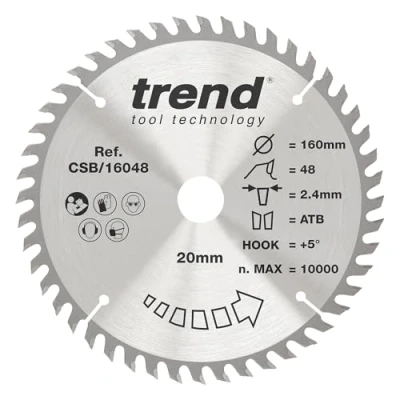 Image de Trend Lame de Scie Circulaire pour Bois, 160 mm Diamètre, 20 d&#039;Alésage, 48 Dents, TCT, 2,2 Trait Scie, +15 Crochet, CSB/16048A