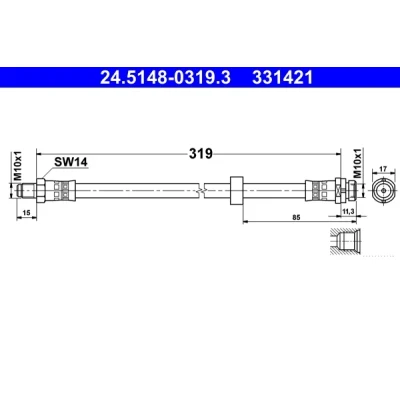Image de ATE 24.5148 0319.3 Flexible De Frein 319 M10x1 FORD: Transit Connect Mk1 Van, Tourneo