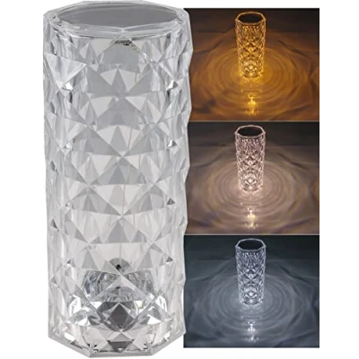 Image de ChiliTec Lampe de table avec batterie cristal 21 cm interrupteur tactile 3000 K 4000 6000 3 couleurs lumière réglables décorative rechargeable par USB