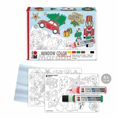 Image de Marabu 0406000013908 Window Color Fun &amp; Fancy Xmas Traditional Peinture pour fenêtres à Base d&#039;eau, 6 Crayons de 25 ML Couleur, modèle colorier A3 et Feuille A4