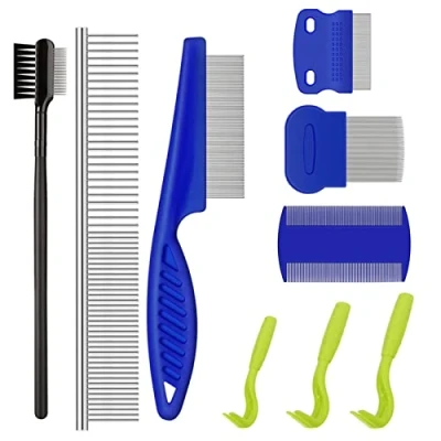 Image de 9 PCS Kit de peigne Anti puce chiens et chats,Peigne Poux,Peigne Puces pour Chat, Elimination poux poussière Outil toilettage en acier inoxydable avec pointes arrondies