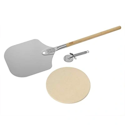 Image de RÖSLE Set d&#039;ustensiles pour pizza au barbecue : pierre à de haute qualité, pelle et roulette tarte flambée, une croustillante comme four bois