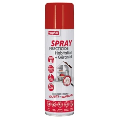 Image de BEAPHAR Spray Insecticide Habitation + Géraniol Tue Les Insectes Volants, rampants, œufs et Larves pour Traiter des Zones ciblées Action Longue durée jusqu&#039;à 3 Mois Flacon 250ml