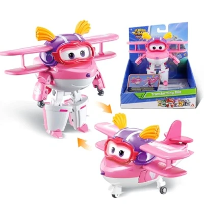 Image de Super Wings Ellie Avion Jouet Transformable et Figurine Robot, Robot du Dessin Animé, Enfant 3 4 5 6 7 8 Ans Garcon Fille 12 cm, Rose