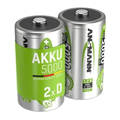 Image de ANSMANN Piles rechargeables Mono D 5000 mAh 1,2 V (lot de 2) HR20 à faible autodécharge Accumulateurs idéaux pour les radios, haut parleurs portables, jouets, etc.