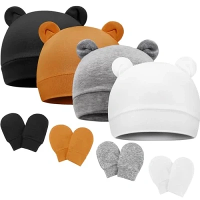 Image de DRESHOW Bonnets de Naissance et Moufles Protection Bébé Gants Bonnet Nouveau né Bambin Doux Mignon Tricoté Chapeau 0 6 Mois, Taille unique,4 Sets: Bear Ears Hats &amp; Mittens 04UK