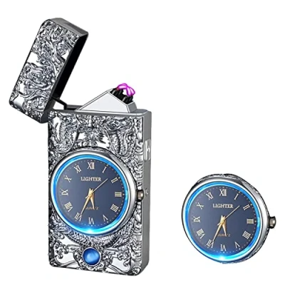 Image de RSBYE Briquet Dragon avec Fonction Horloge, Electrique Rechargeable USB Un Beau Cadran, Personnalisé Indicateur de Batterie, pour Homme et Femme (Argenté)