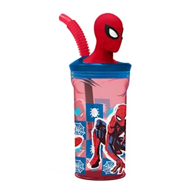 Image de p:os Spiderman 35478 Gobelet pour enfant avec paille intégrée, couvercle et figurine 3D, contenance env. 360 ml, idéal les boissons froides