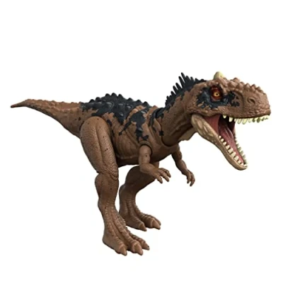 Image de Jurassic World Figurine articulée et sonore de Rajasaurus Attaque Rugissante (33 cm) avec code ADN caché scannable, à Collectionner, Jouet Enfant, Dès 4 ans, HDX35