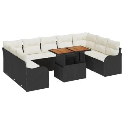 Image de Ensemble de Salon Jardin 10 Pièces avec Coussins Noir Poly Rattan Acacia, Sofa 2 Places 3349501