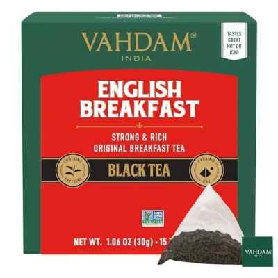 Image de VAHDAM, Thé Du Petit Déjeuner Anglais (15 Sachets De Noir) Riche En Caféine Alternative Saine Au Café Noir Emballés Dans Des Respectueux L&#039;environnement