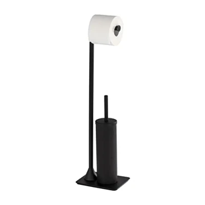 Image de WENKO Combiné WC sur pied 2en1 Hella, Acier verni noir mat, 15 x 69 20 cm, Brosse hygiénique à tête remplaçable, Design industriel